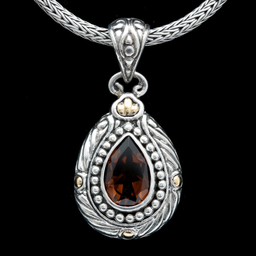 Robert Manse Sterling Silver, 18K Gold and Smoky Quartz Pendant with Chain