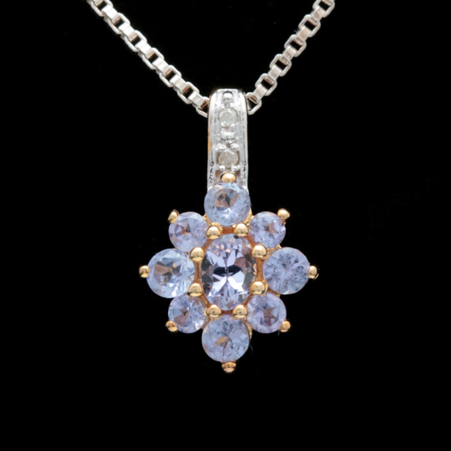 Gold Wash on Sterling Silver, Tanzanite and Diamond Pendant with Chain