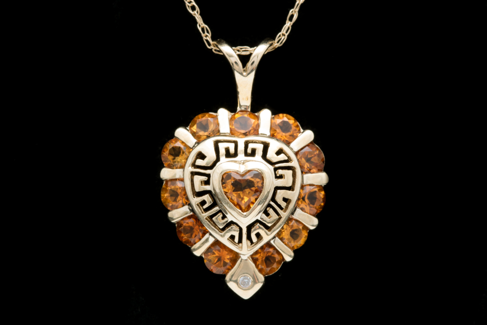 10K Yellow Gold, Citrine and Diamond Heart Pendant with Chain