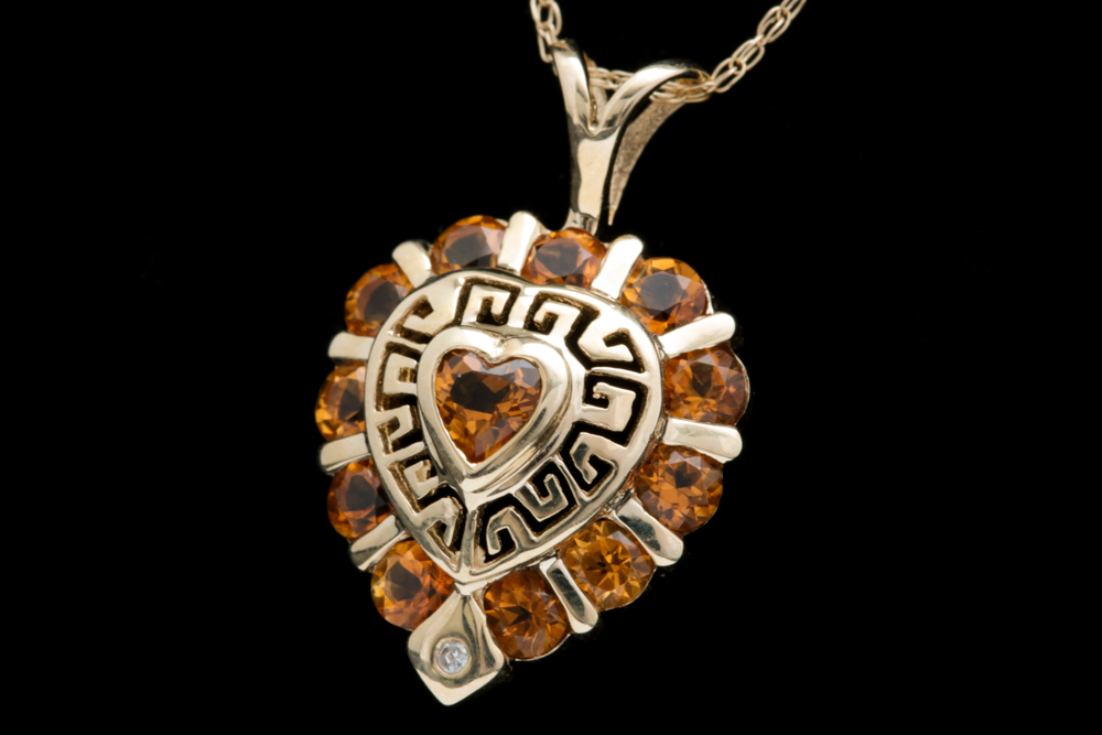 10K Yellow Gold, Citrine and Diamond Heart Pendant with Chain