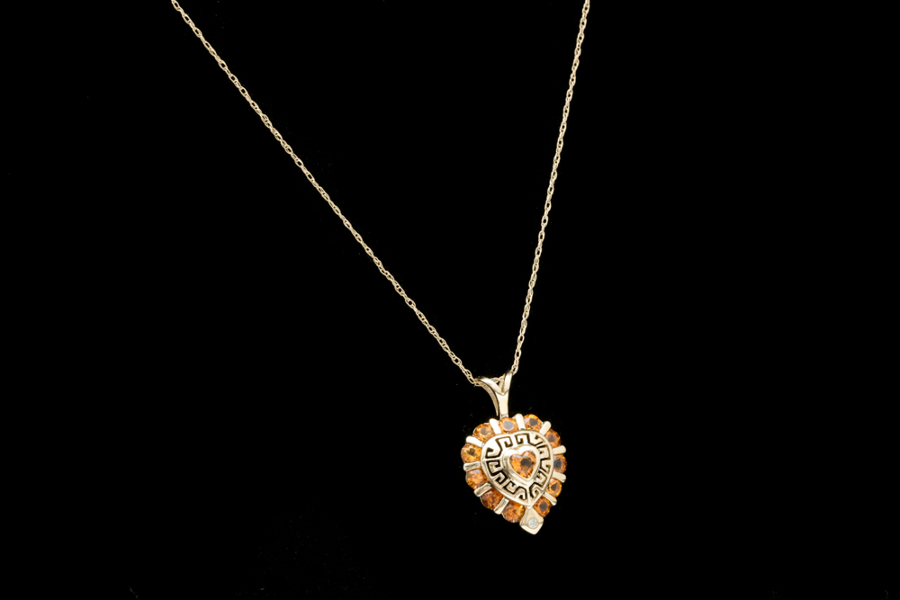 10K Yellow Gold, Citrine and Diamond Heart Pendant with Chain