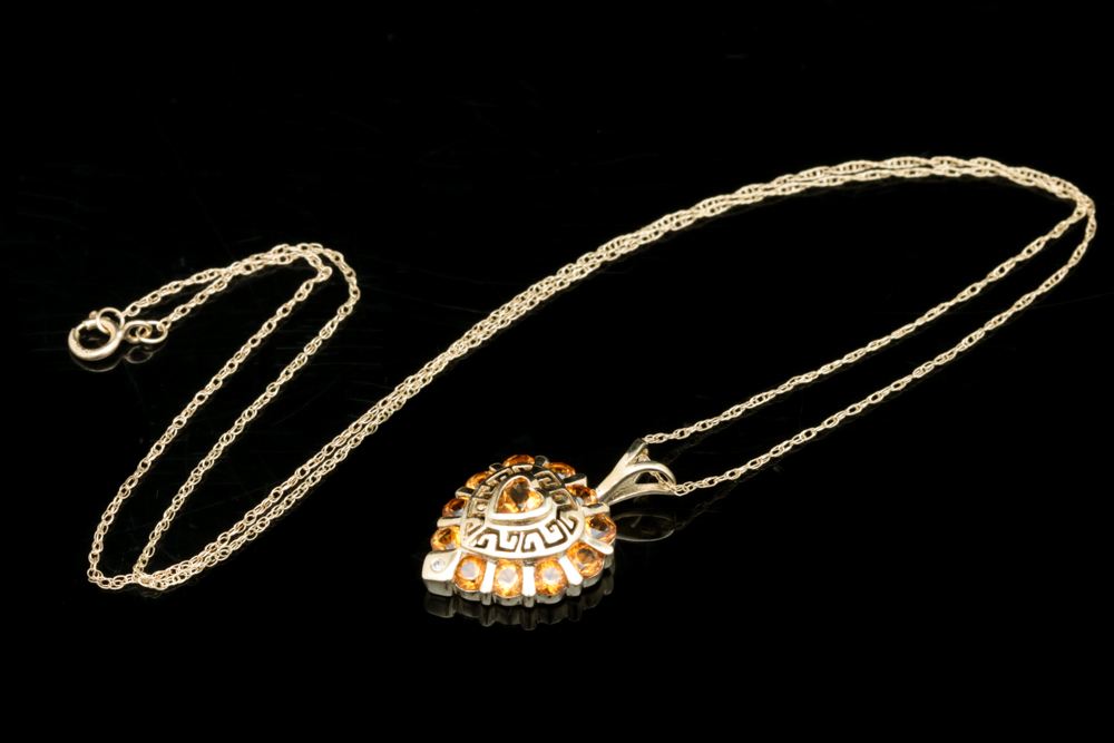 10K Yellow Gold, Citrine and Diamond Heart Pendant with Chain