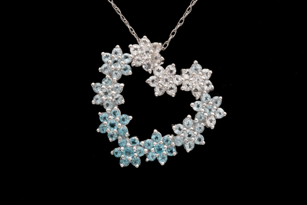 10K White Gold, Blue and White Topaz Heart Pendant with Chain
