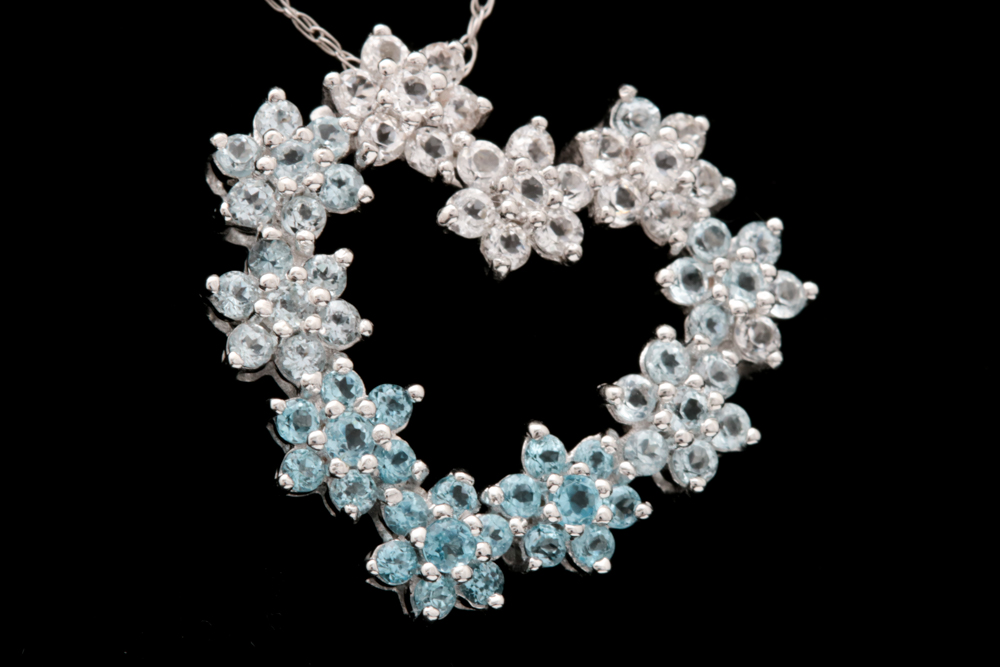 10K White Gold, Blue and White Topaz Heart Pendant with Chain