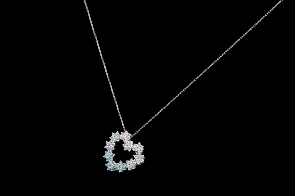 10K White Gold, Blue and White Topaz Heart Pendant with Chain