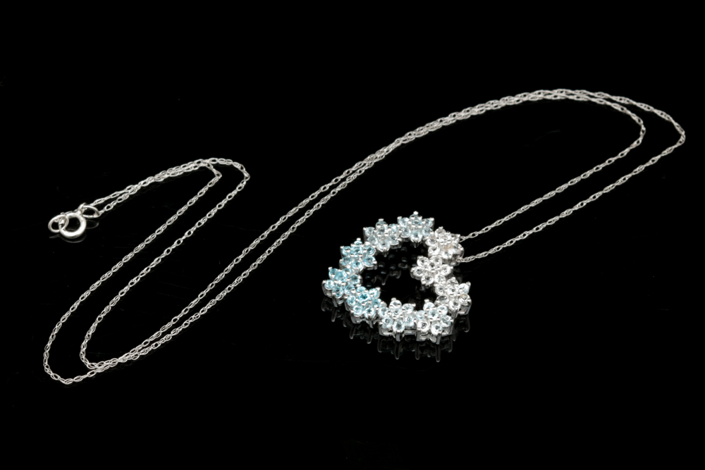 10K White Gold, Blue and White Topaz Heart Pendant with Chain