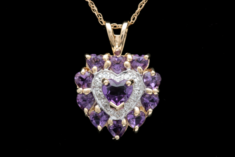 10K Yellow Gold, Amethyst and Diamond Heart Pendant with Chain