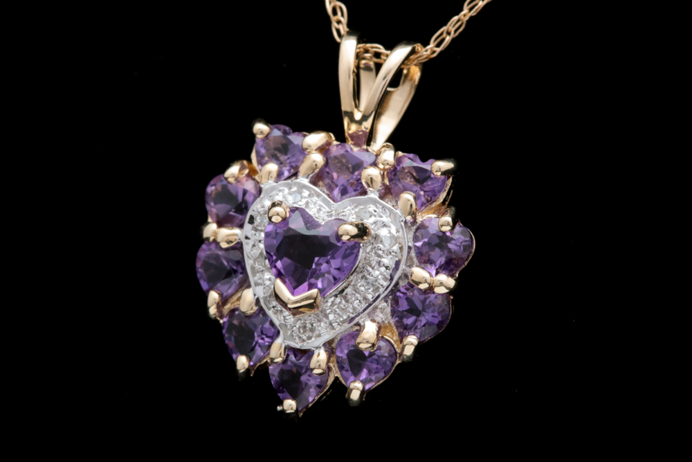 10K Yellow Gold, Amethyst and Diamond Heart Pendant with Chain