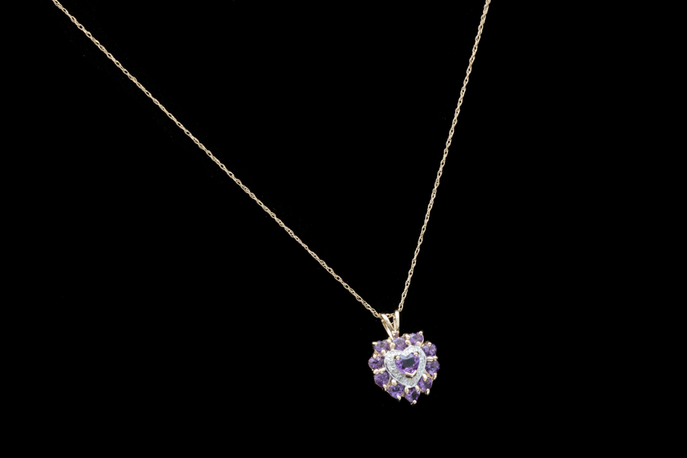 10K Yellow Gold, Amethyst and Diamond Heart Pendant with Chain