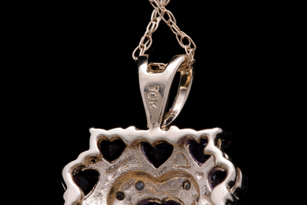 10K Yellow Gold, Amethyst and Diamond Heart Pendant with Chain