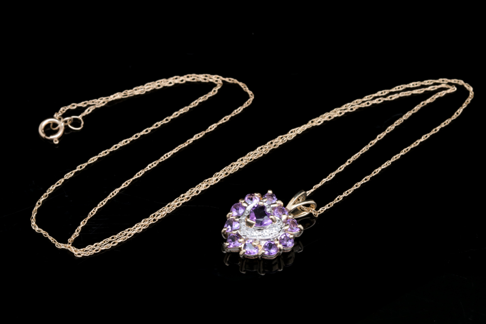 10K Yellow Gold, Amethyst and Diamond Heart Pendant with Chain