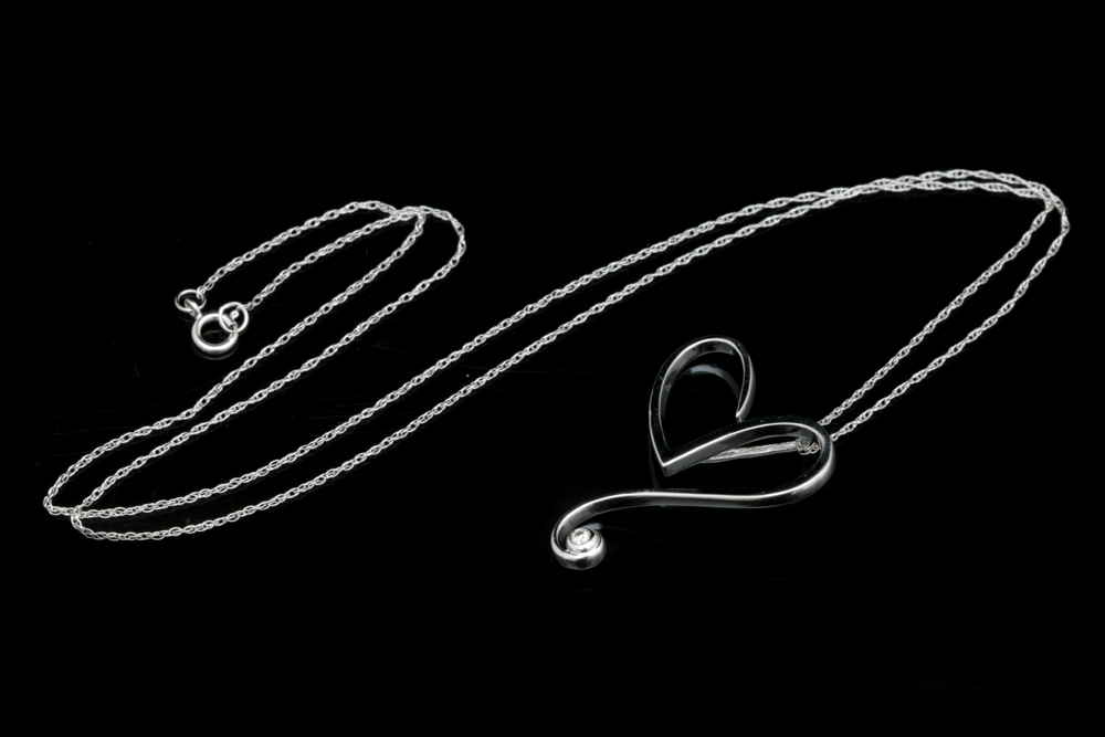 10K White Gold and Diamond Heart Pendant with Chain