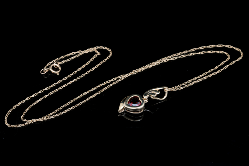 10K Yellow Gold and Garnet Heart Pendant with Chain