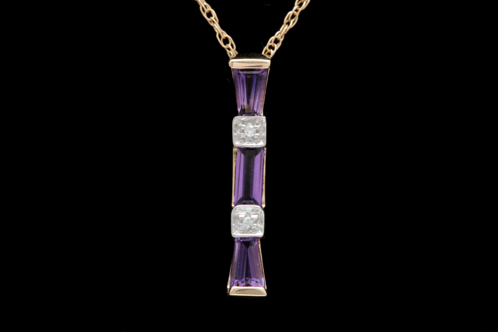 10K Yellow Gold, Amethyst and Diamond Pendant with Chain