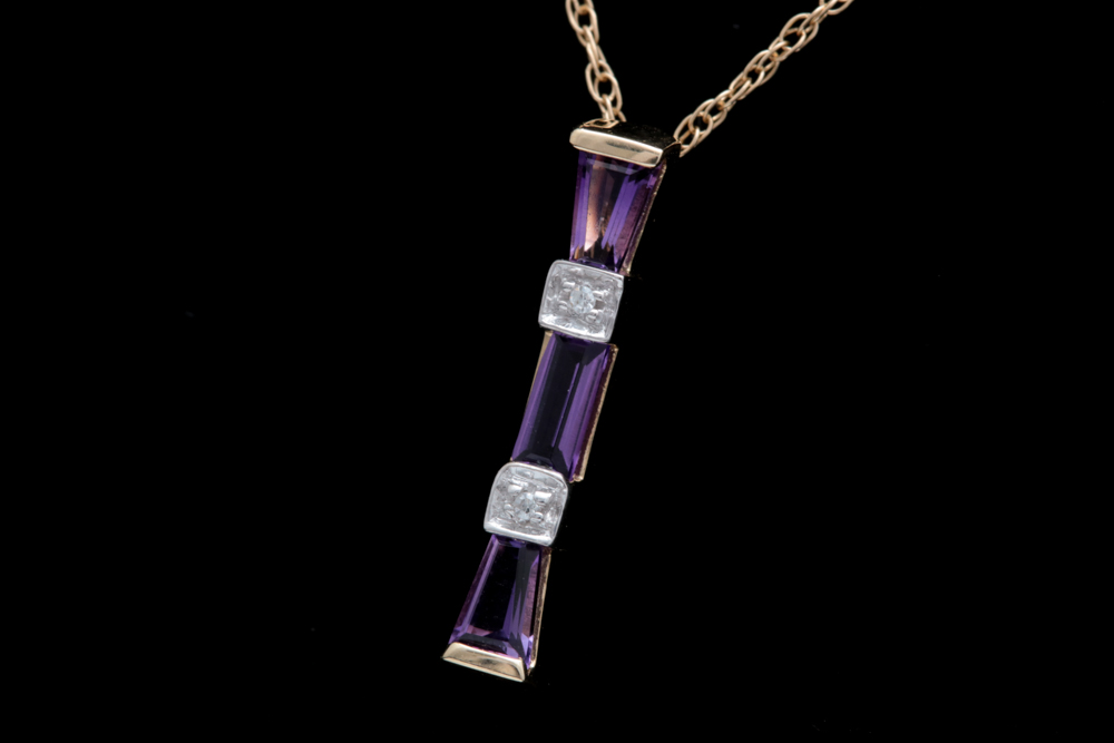 10K Yellow Gold, Amethyst and Diamond Pendant with Chain