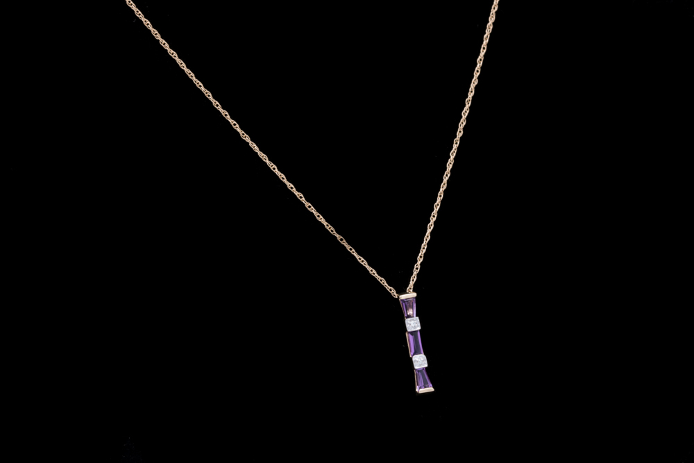10K Yellow Gold, Amethyst and Diamond Pendant with Chain