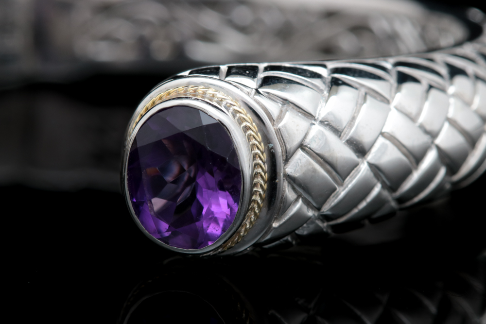 Robert Manse Sterling Silver, 18K Yellow Gold and Amathyst Open Cuff Bracelet