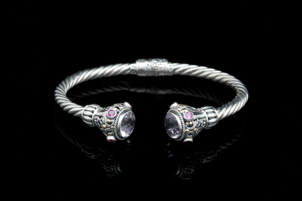 Robert Manse Sterling Silver, 18K Gold, Amethyst and Rhodolite Cuff Bracelet