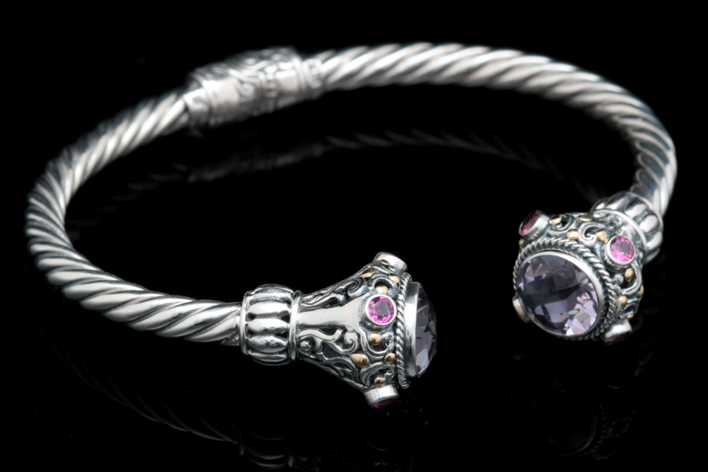 Robert Manse Sterling Silver, 18K Gold, Amethyst and Rhodolite Cuff Bracelet