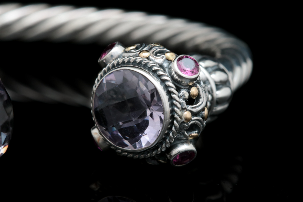 Robert Manse Sterling Silver, 18K Gold, Amethyst and Rhodolite Cuff Bracelet