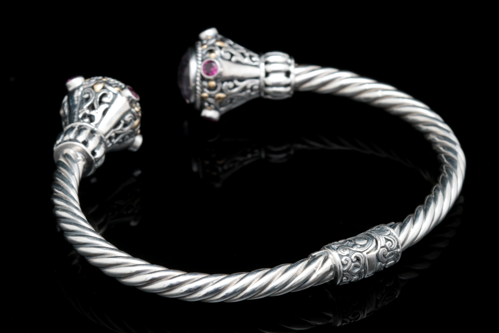 Robert Manse Sterling Silver, 18K Gold, Amethyst and Rhodolite Cuff Bracelet