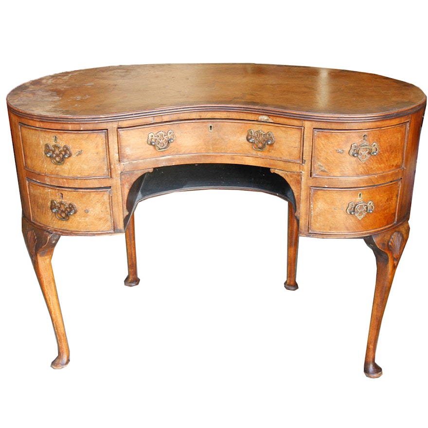 Antique English Walnut Kidney Shaped Desk