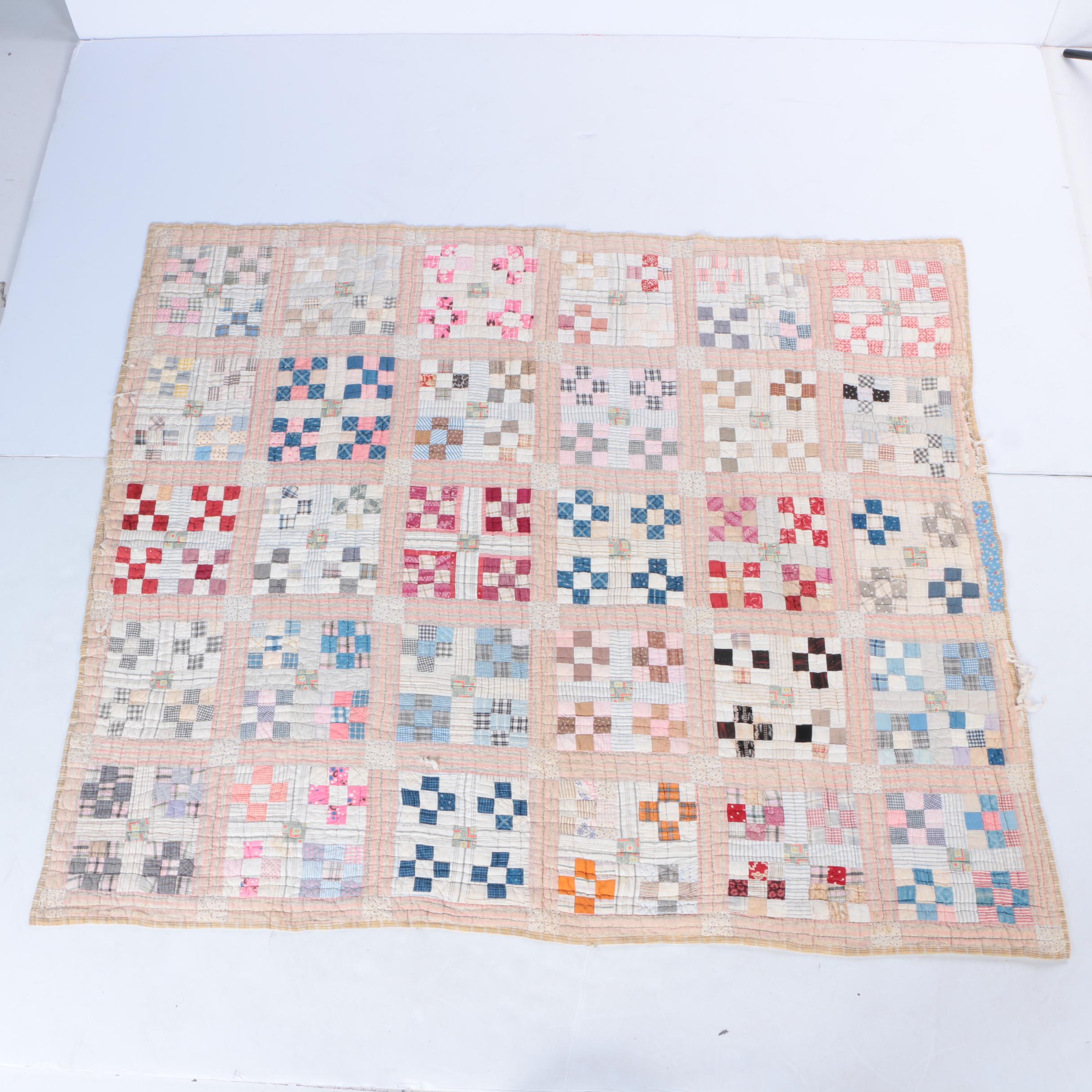 Hand Made "Uneven Nine Patch" Quilt and Wooden Quilt Stand