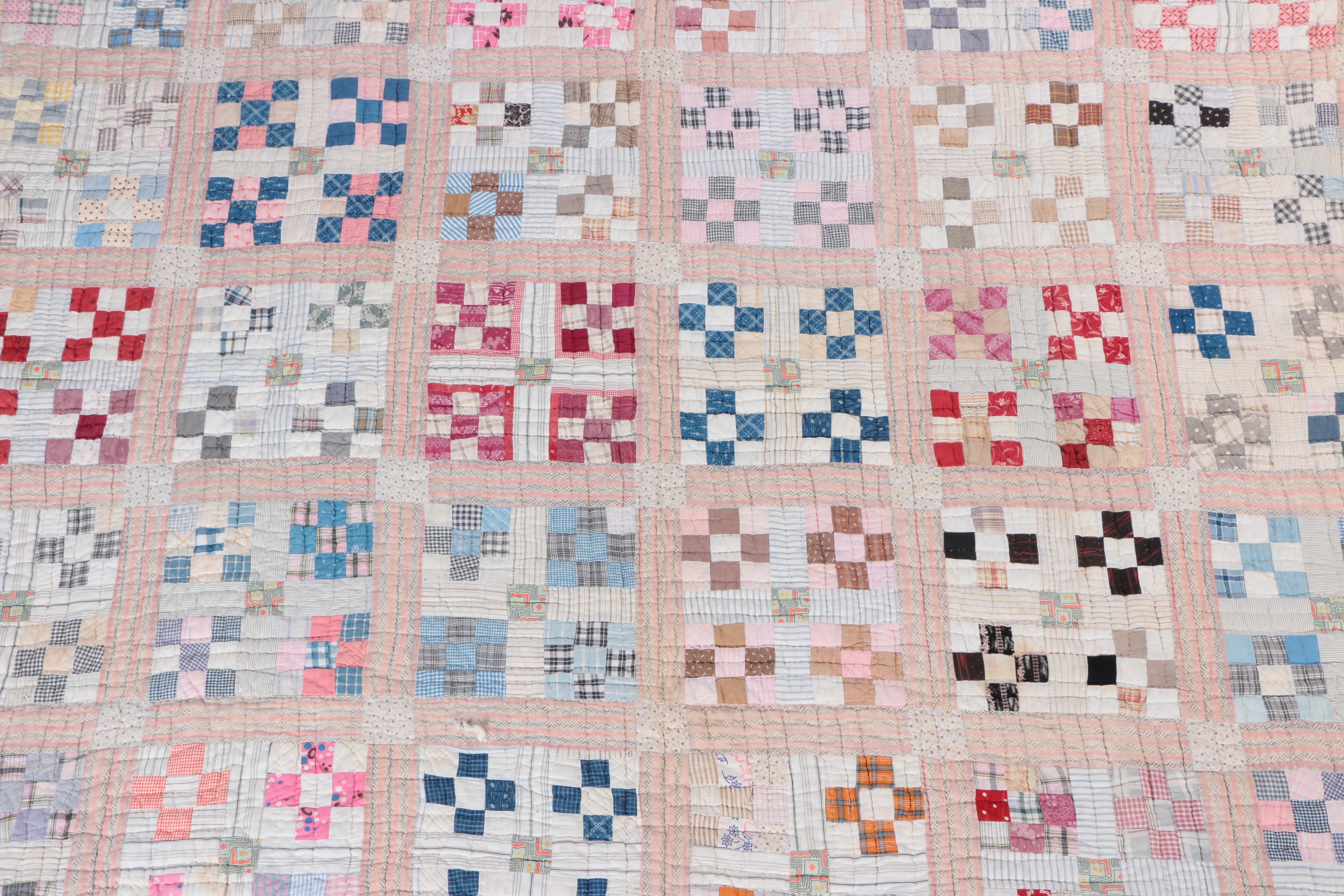 Hand Made "Uneven Nine Patch" Quilt and Wooden Quilt Stand