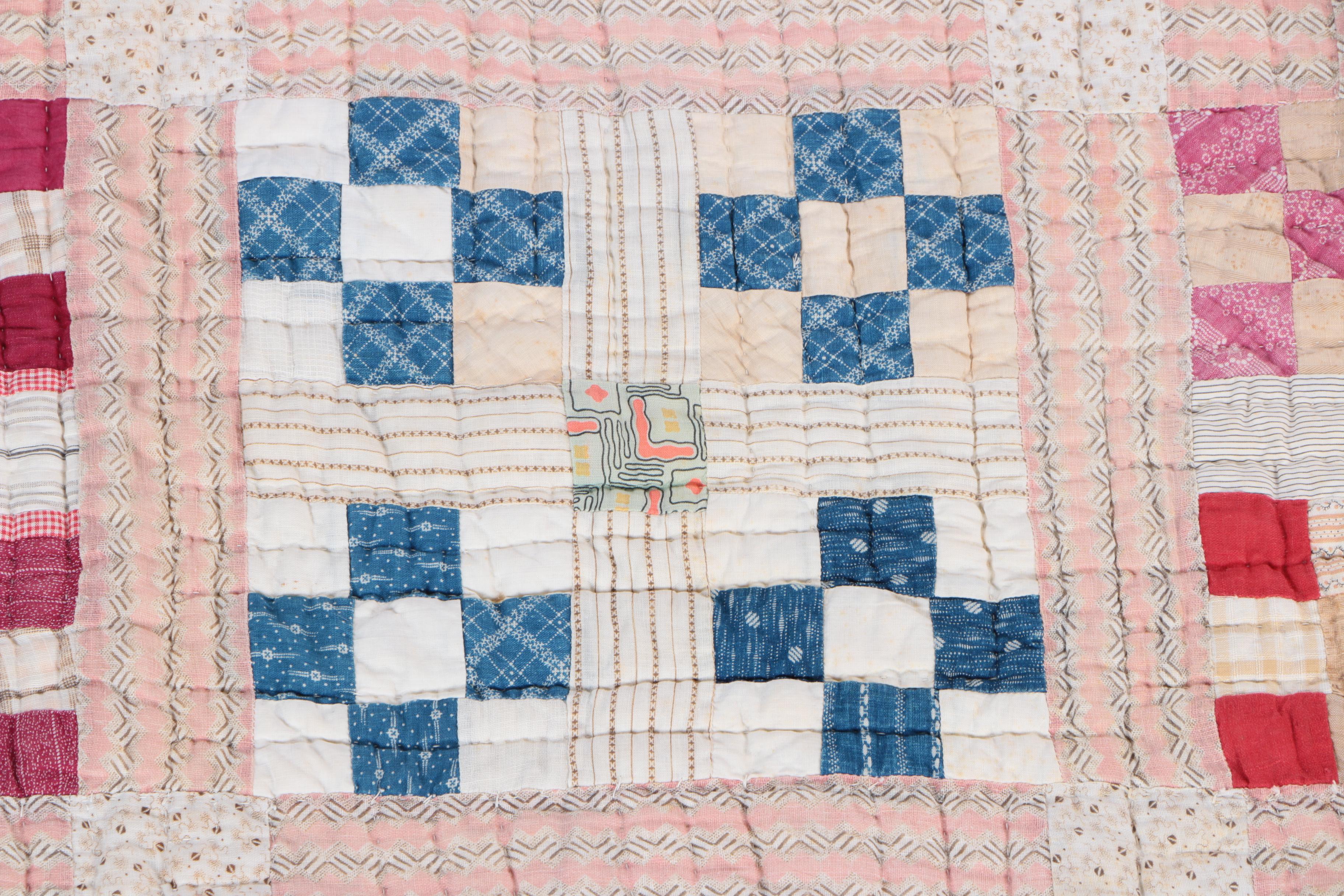 Hand Made "Uneven Nine Patch" Quilt and Wooden Quilt Stand