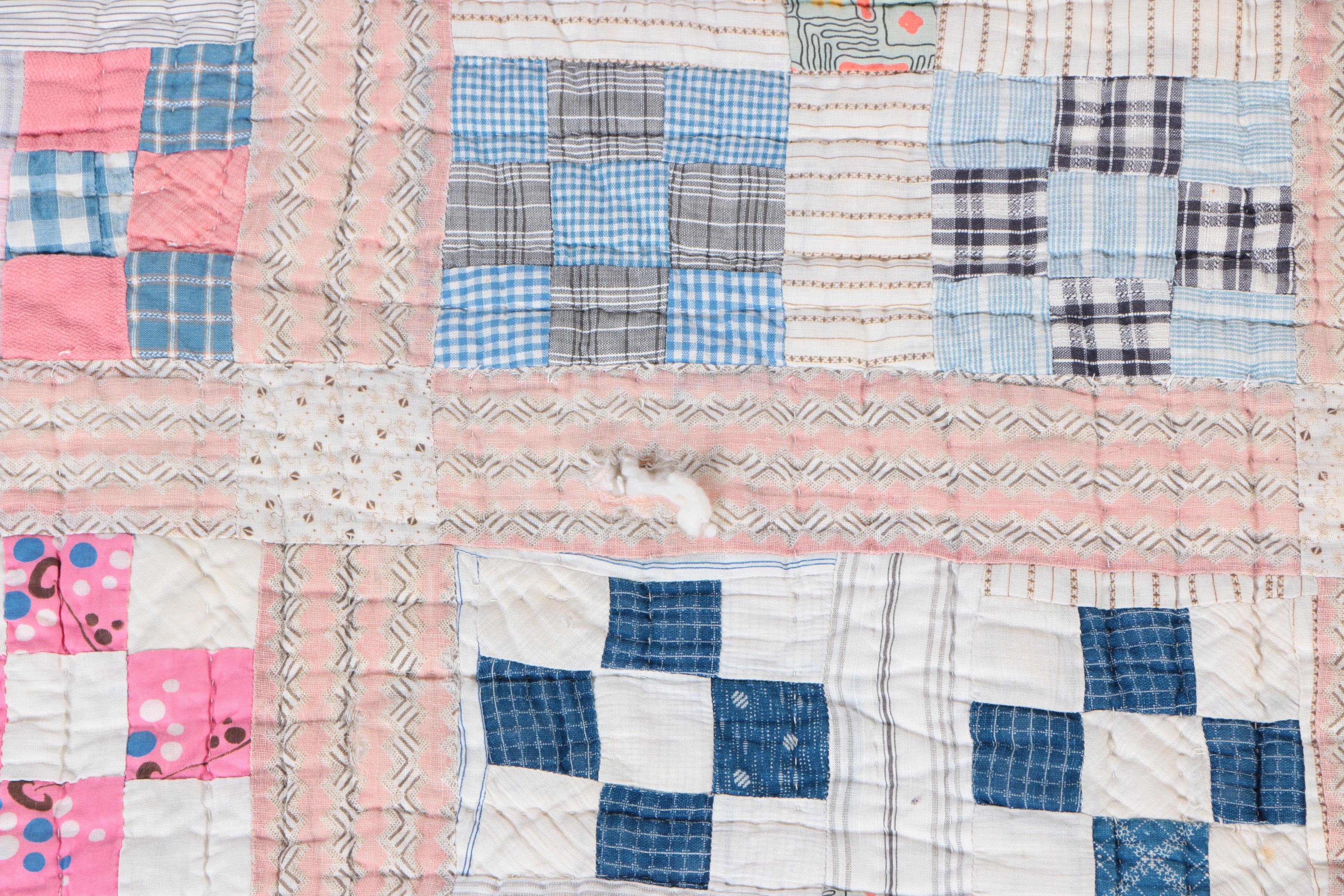 Hand Made "Uneven Nine Patch" Quilt and Wooden Quilt Stand