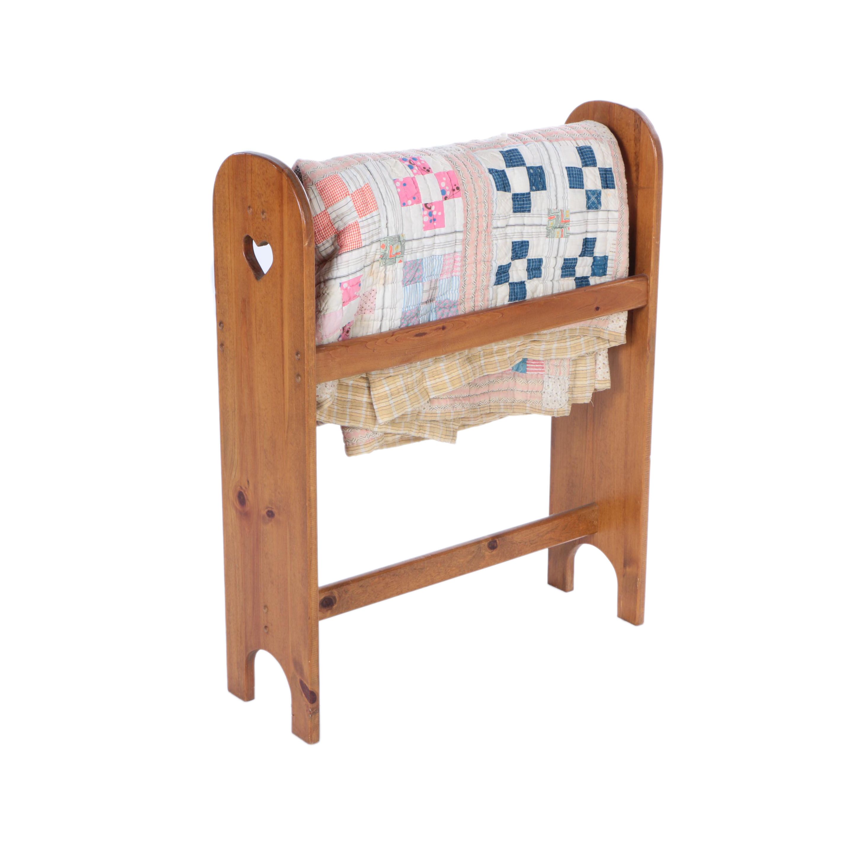 Hand Made "Uneven Nine Patch" Quilt and Wooden Quilt Stand