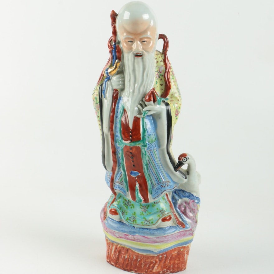 Chinese Polychrome Hand Decorated Porcelain Shou, The God of Longevity Figurine