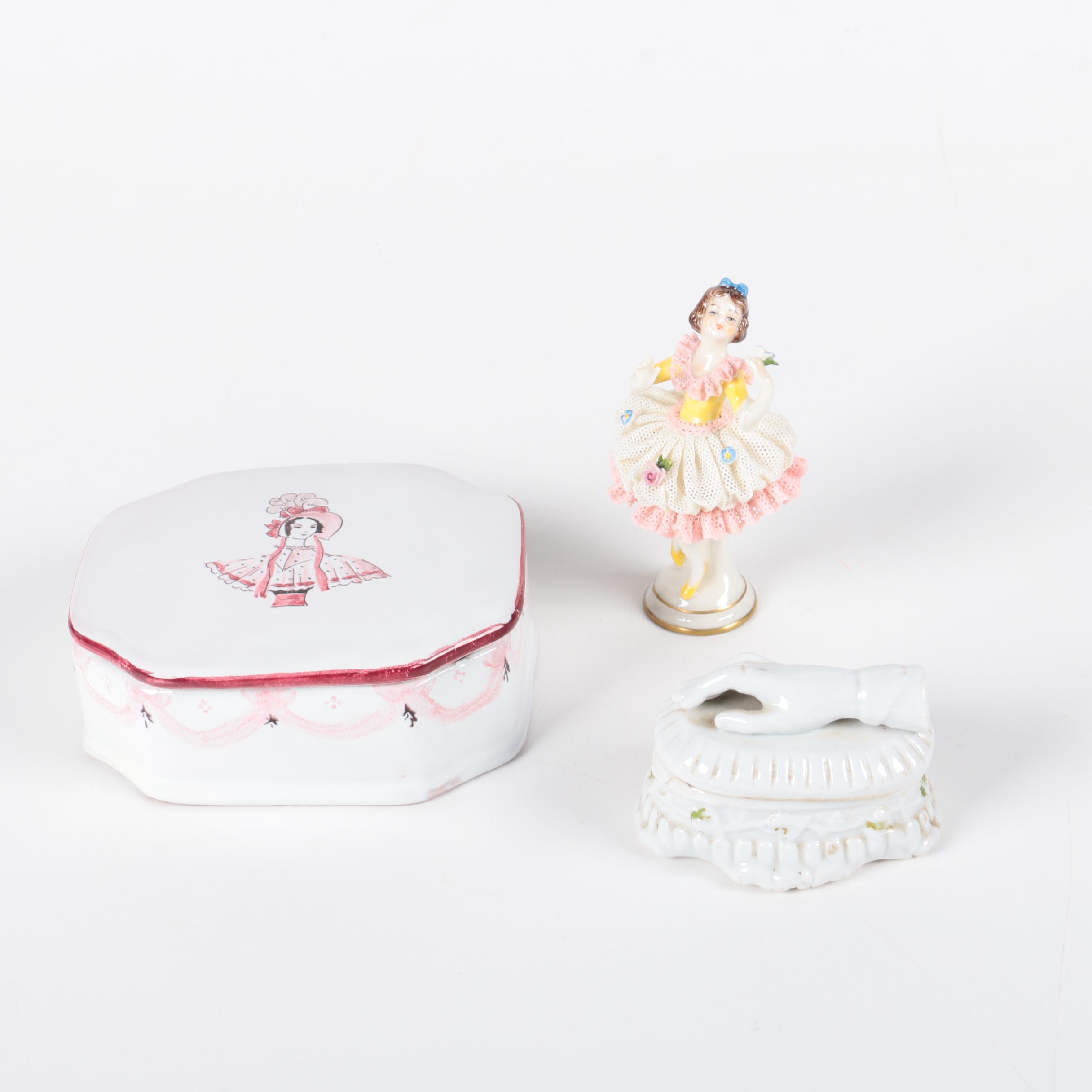 Pair of Vintage Trinket Boxes and West German Figurine