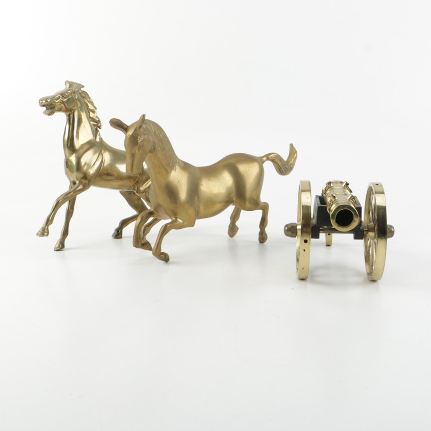 Metalwork Cannon and Brass Horse Figurines