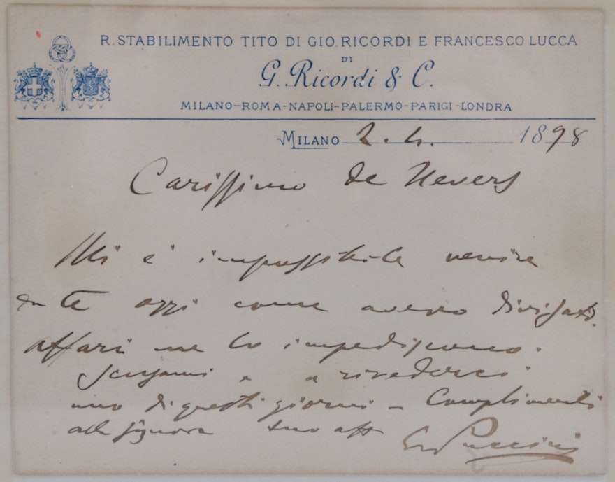 Opera Legend Giacomo Puccini (1858-1924) Hand Written and Signed Note