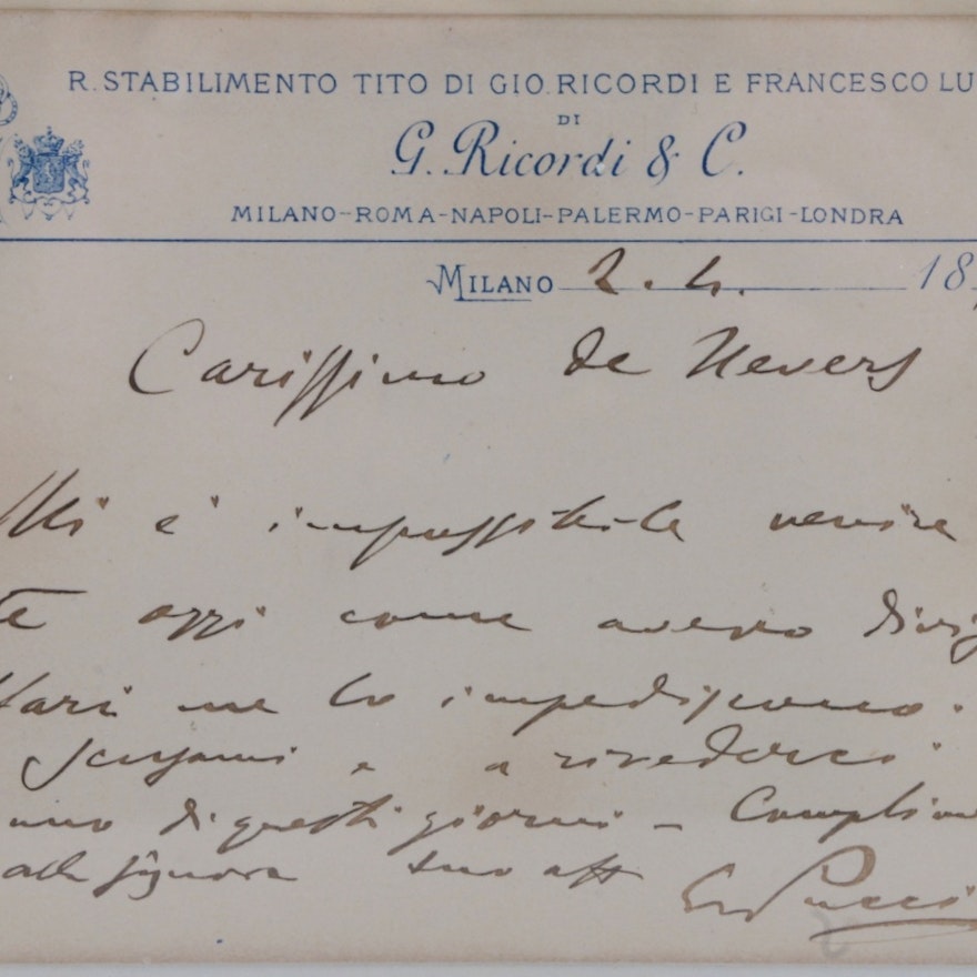 Opera Legend Giacomo Puccini (1858-1924) Hand Written and Signed Note