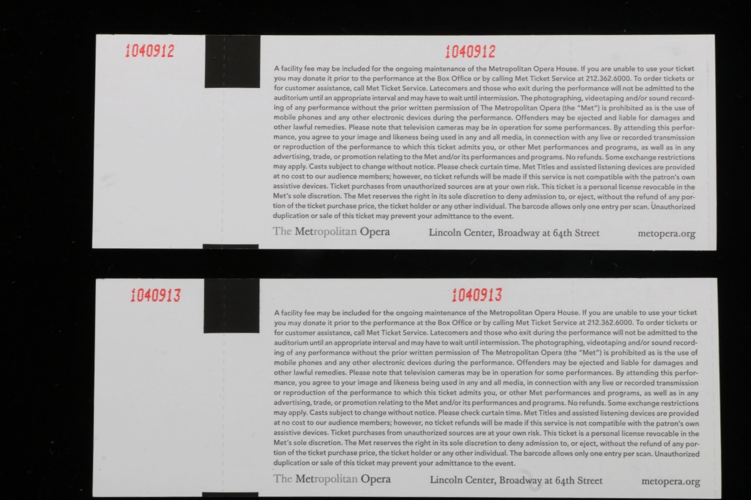 Two Tickets from the Metropolitan Opera's January 12, 2018 Performance, "Tosca"