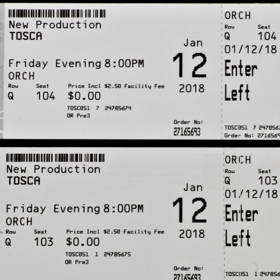 Two Tickets from the Metropolitan Opera's January 12, 2018 Performance, "Tosca"