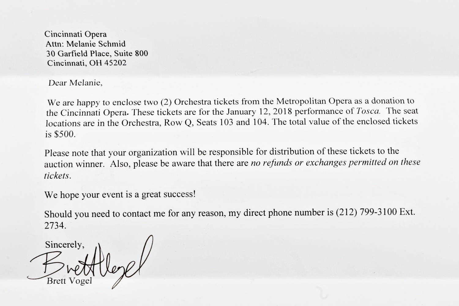 Two Tickets from the Metropolitan Opera's January 12, 2018 Performance, "Tosca"