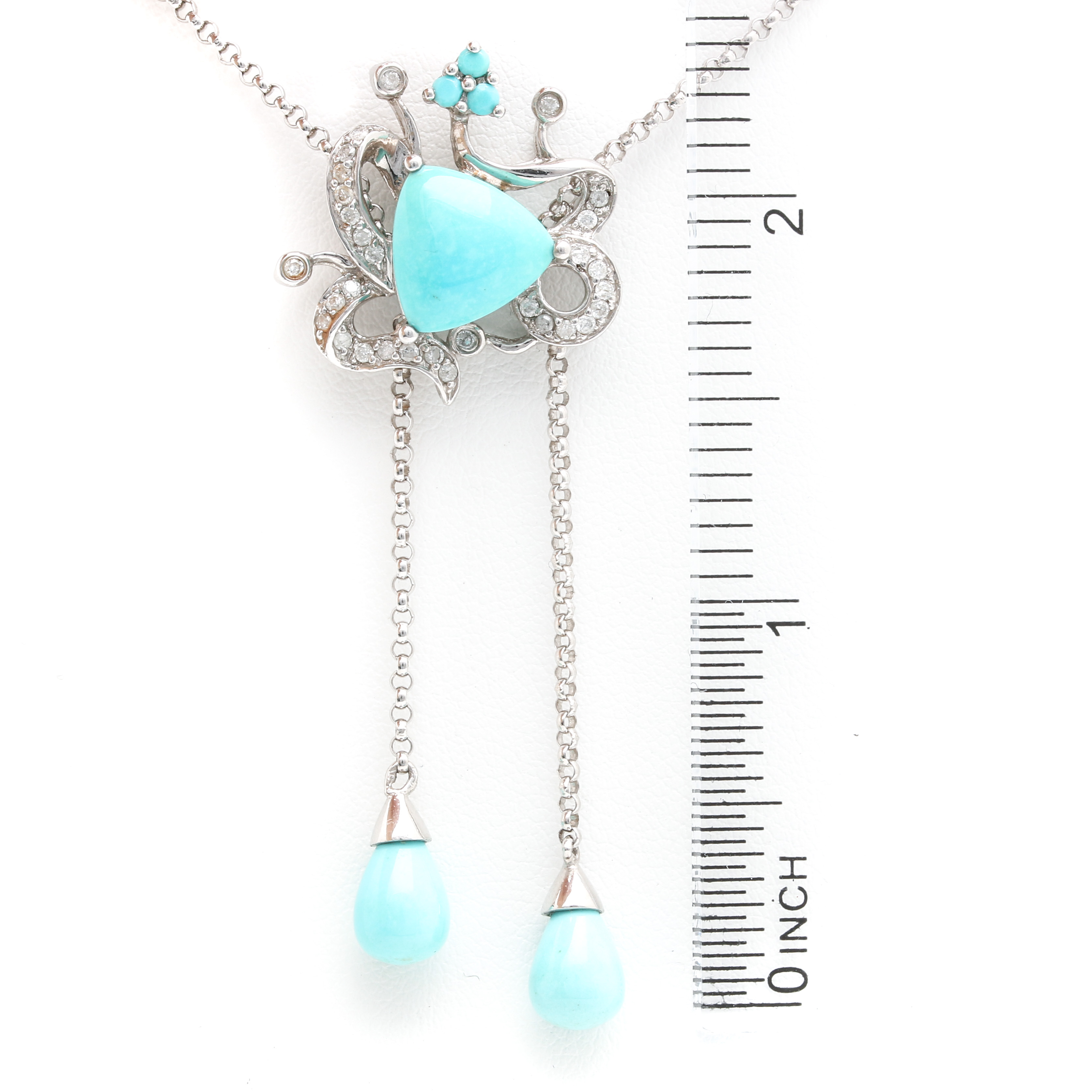10K White Gold Turquoise and Diamond Pendant Necklace