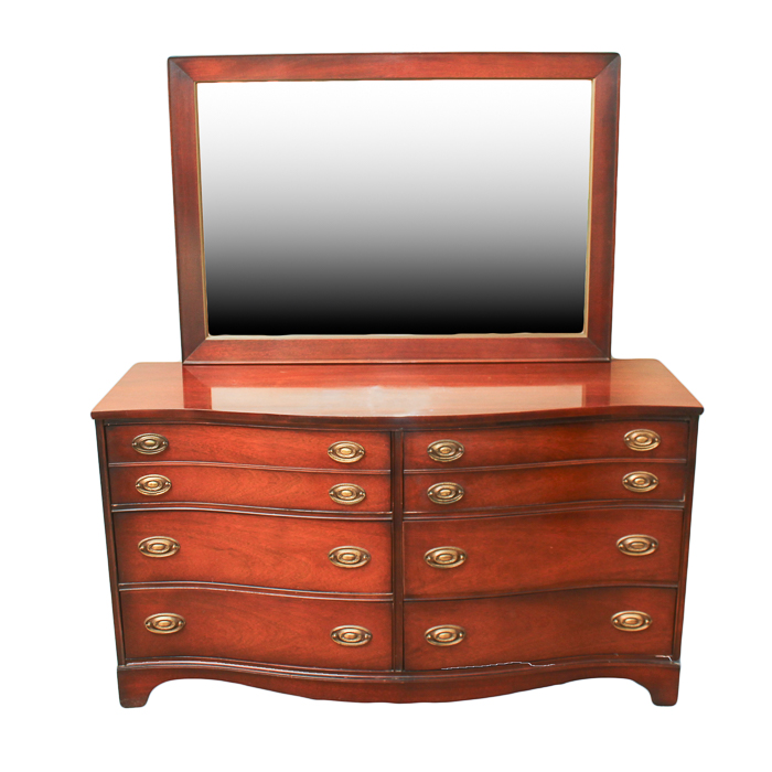 Vintage Hepplewhite Style Mahogany Bow Front Dresser with Mirror by Bassett