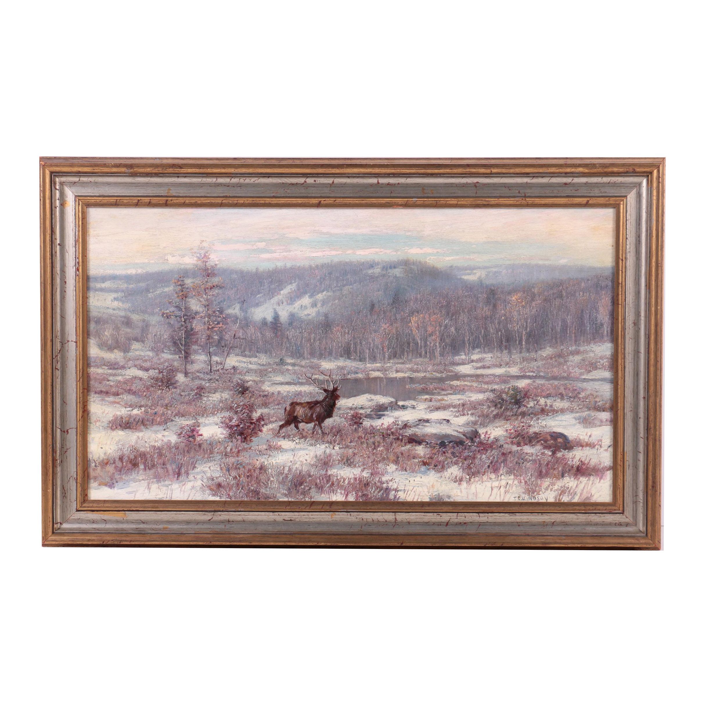 T.C. Lindsay Oil Painting of a Winter Landscape with Elk