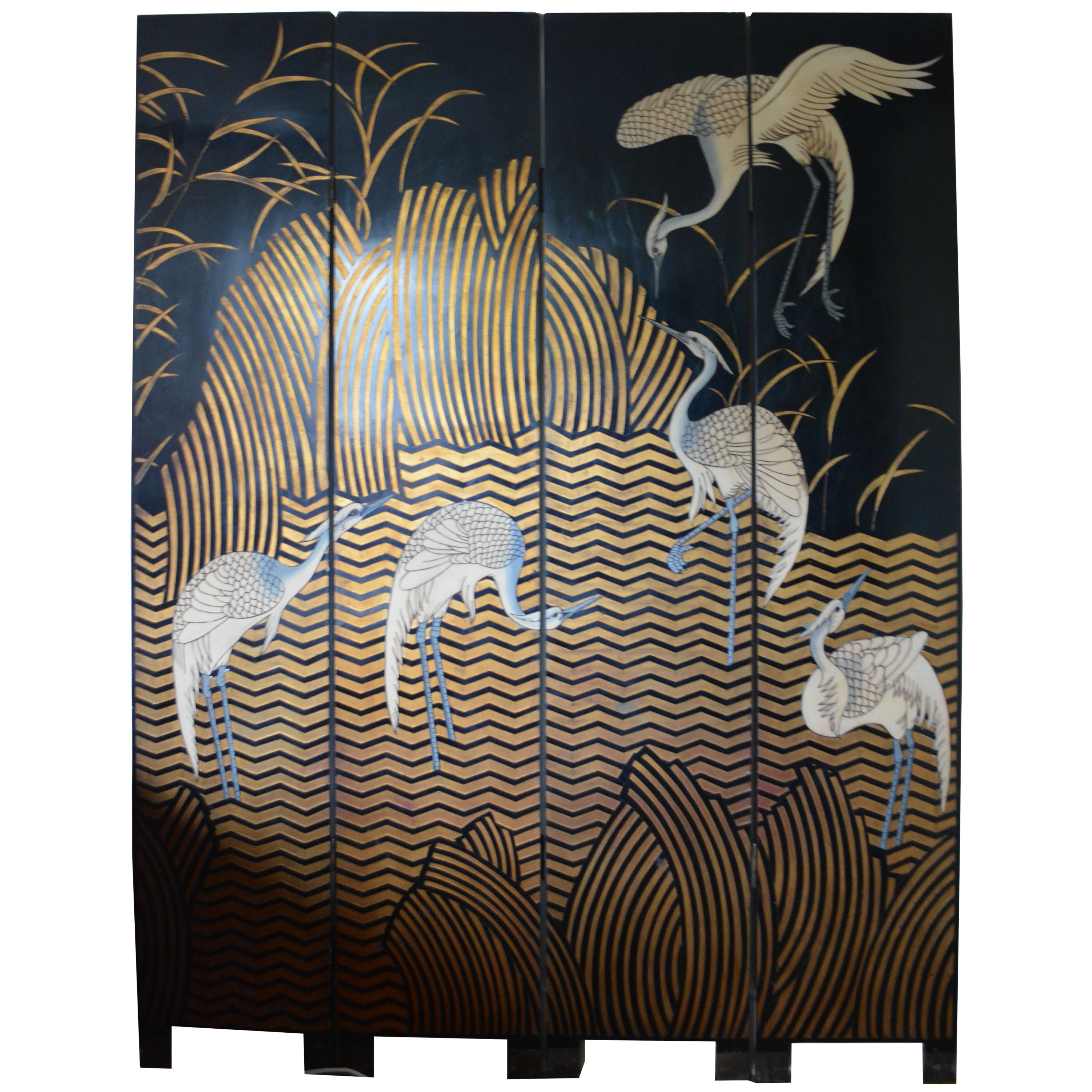 White Crane Motif Room Screen