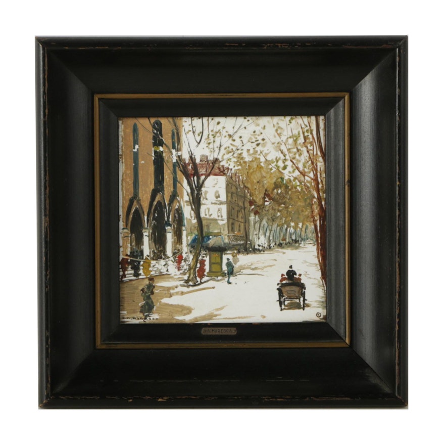 Mario Maresca Oil Painting on Tile "A Street in Paris"