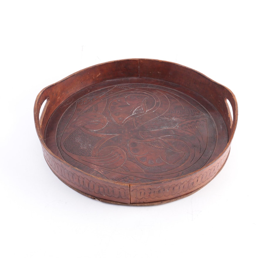 Hand Carved Wooden and Tooled Leather Serving Tray