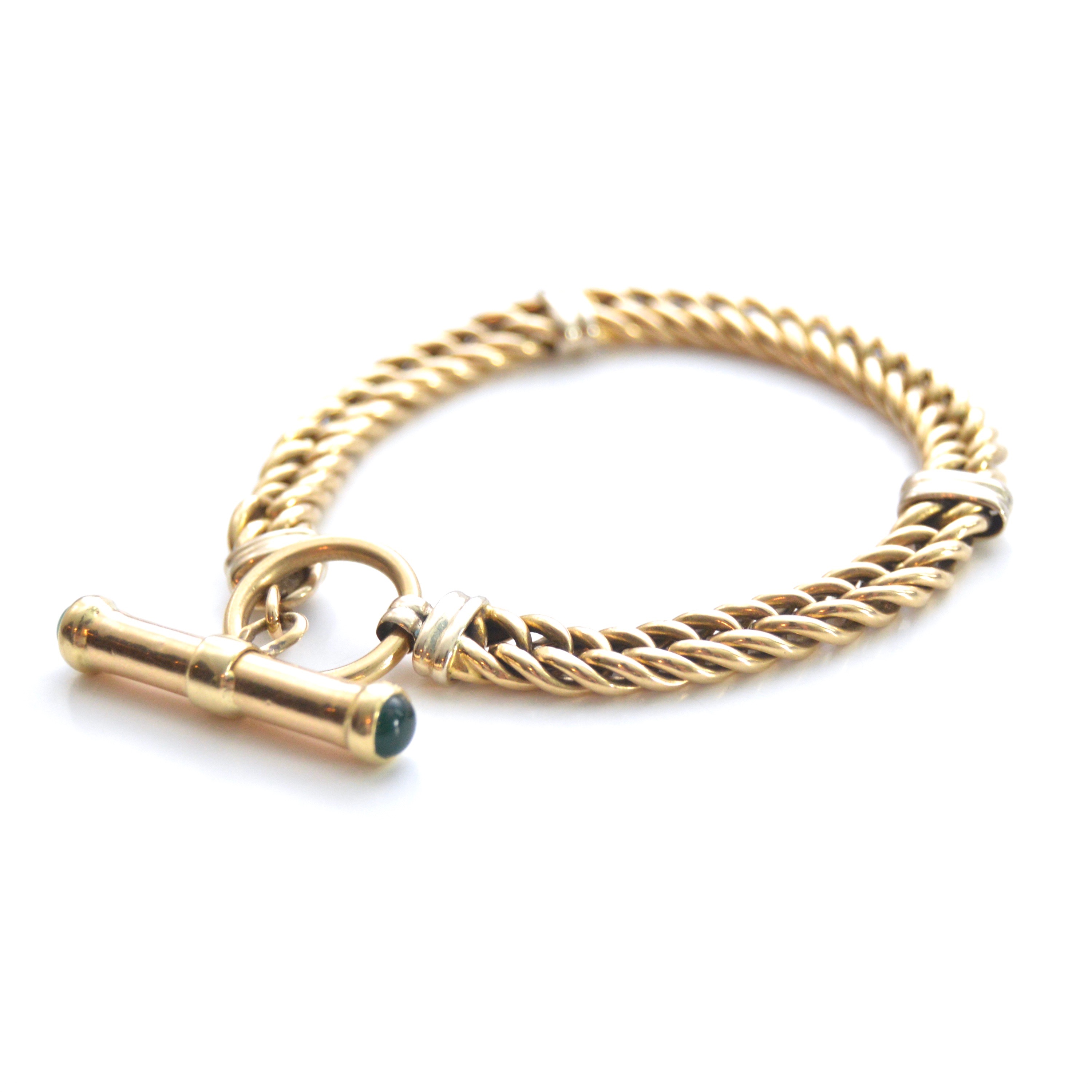 14K Yellow Gold Braided Bracelet with a Dyed Chalcedony Decorated Clasp