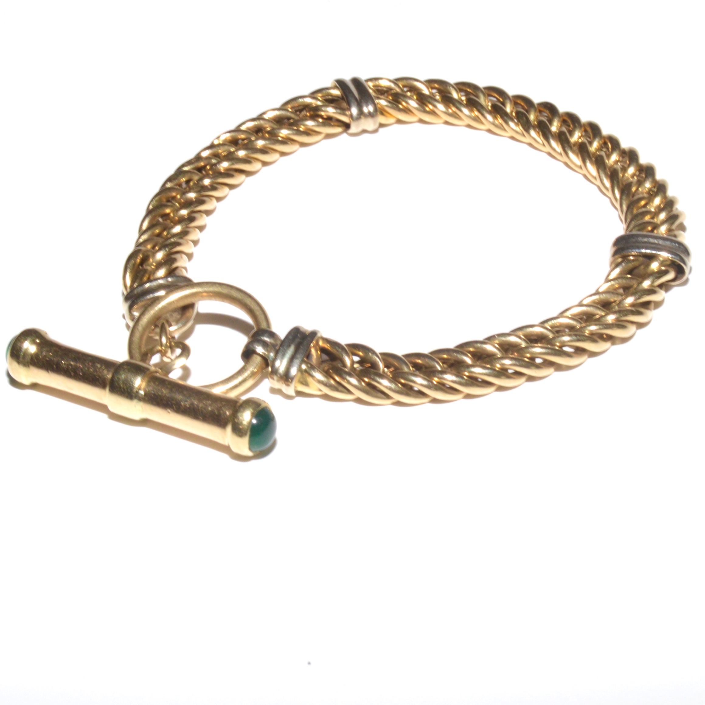 14K Yellow Gold Braided Bracelet with a Dyed Chalcedony Decorated Clasp