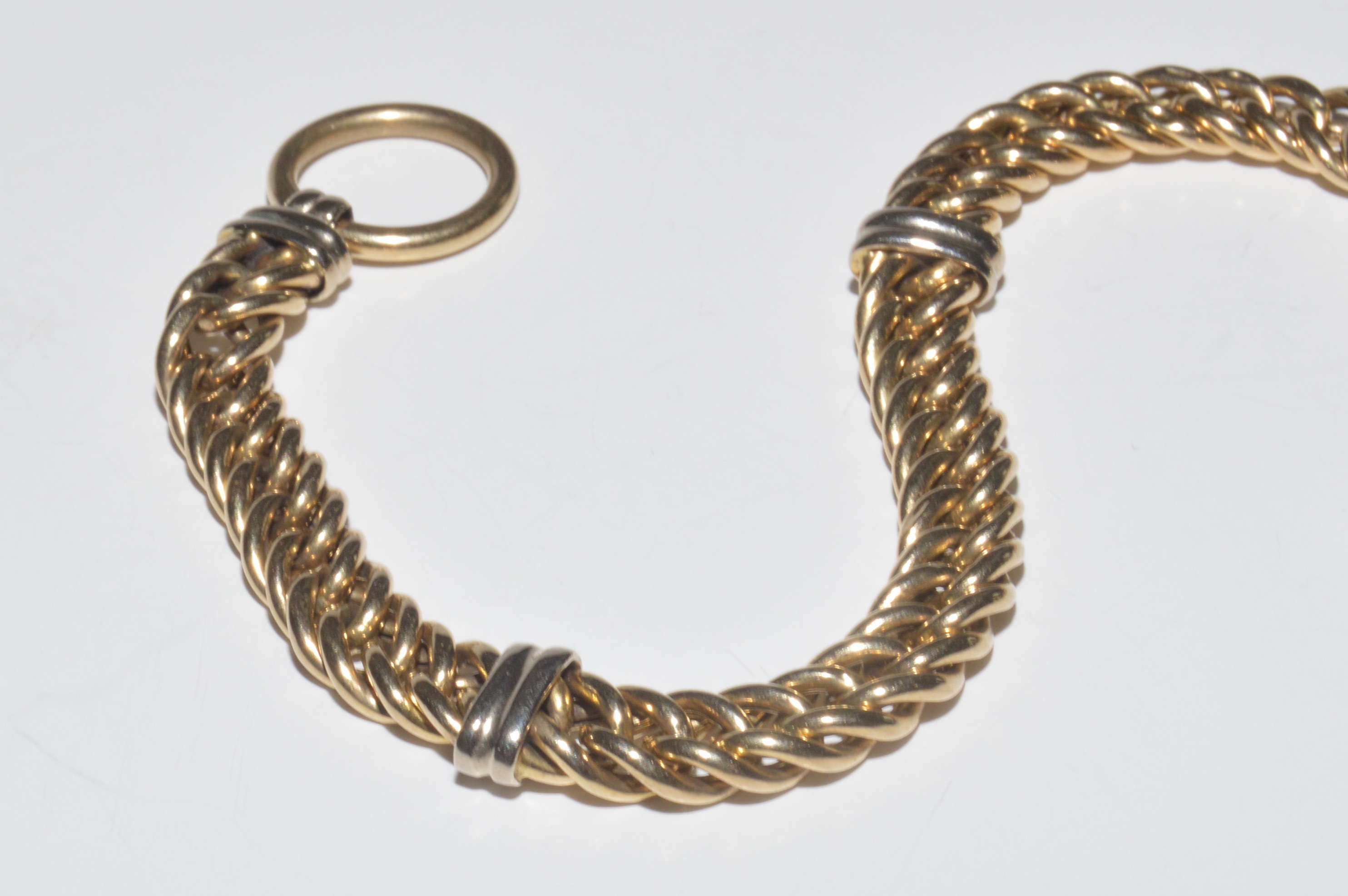 14K Yellow Gold Braided Bracelet with a Dyed Chalcedony Decorated Clasp