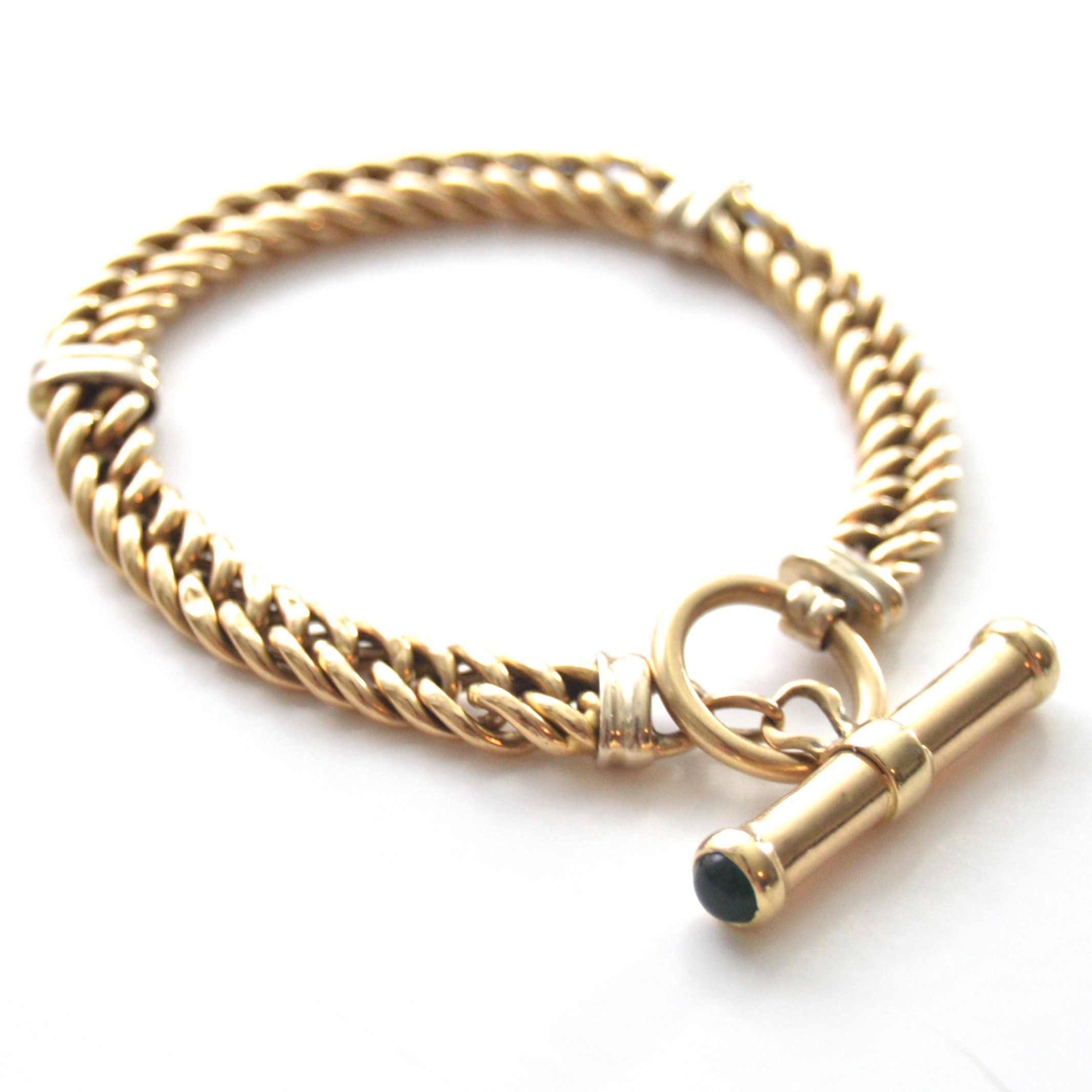 14K Yellow Gold Braided Bracelet with a Dyed Chalcedony Decorated Clasp