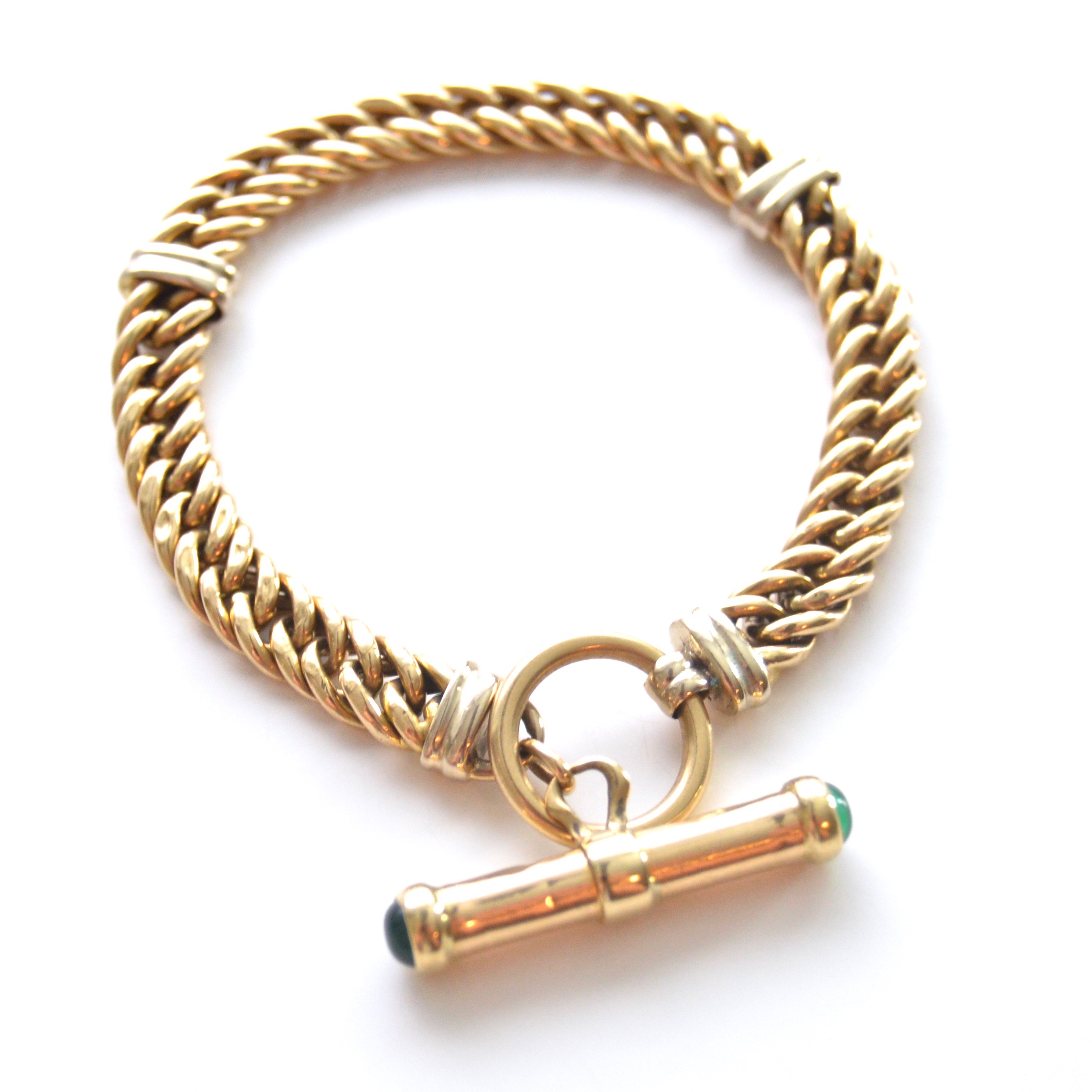 14K Yellow Gold Braided Bracelet with a Dyed Chalcedony Decorated Clasp